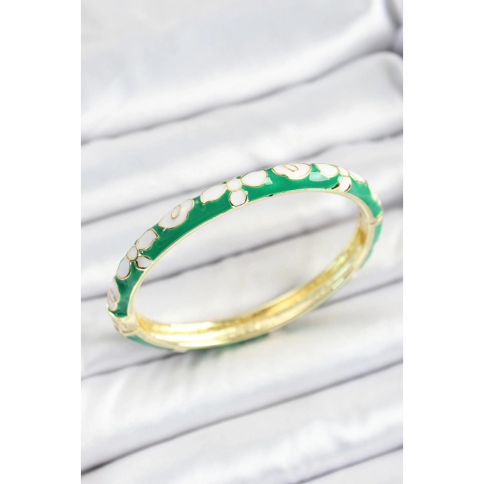 Mineli Pirinç Beyaz Yeşil Çiçek Desenli Gold Renk Kadın Kelepçe