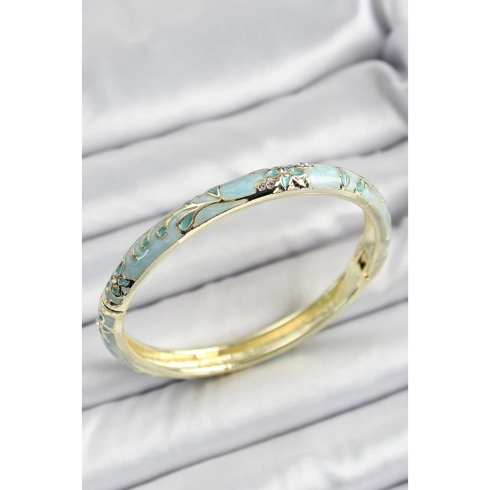 Mineli Pirinç Buz Mavisi Çiçek Desenli Kadın Kelepçe