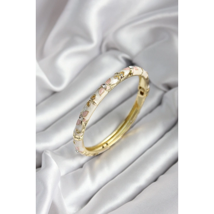 Mineli Pirinç Çiçek Desenli Zirkon Taşlı Gold Renk Kadın Kelepçe (çap 60 mm)
