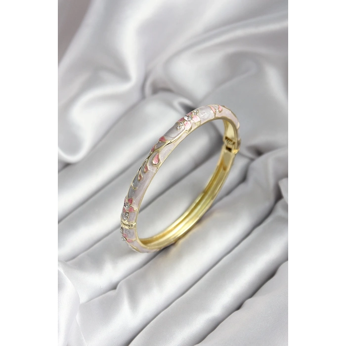 Mineli Pirinç Çiçek Desenli Zirkon Taşlı Gold Renk Kadın Kelepçe (çap 60 mm)