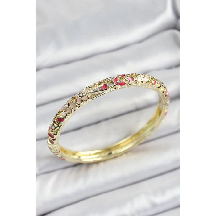 Mineli Pirinç Fuşya Çiçek Motif Desenli Kadın Kelepçe