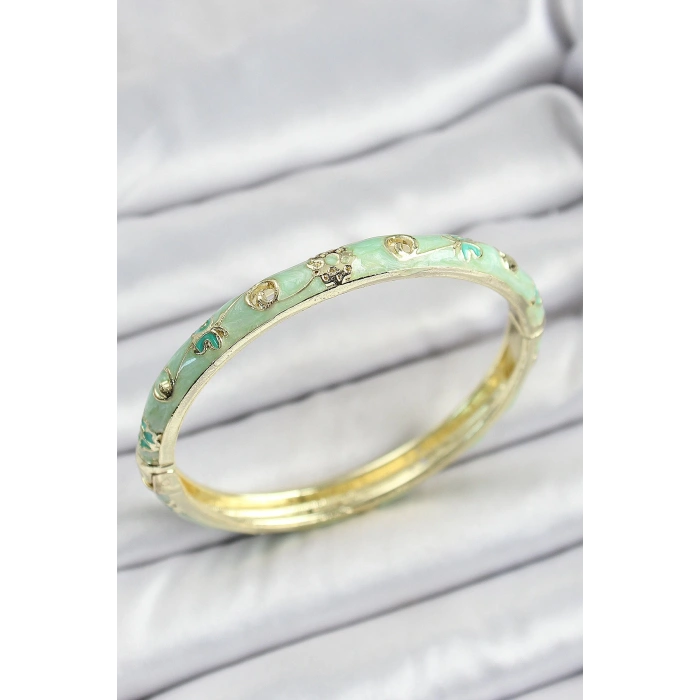 Mineli Pirinç Gold Renk Açık Yeşil Motif Desenli Kadın Kelepçe