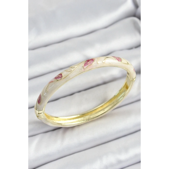 Mineli Pirinç Gold Renk Krem Çiçek Motifli Kadın Kelepçe