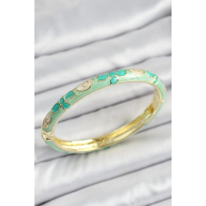 Mineli Pirinç Gold Renk Su Yeşili Çiçek Motifli Kadın Kelepçe