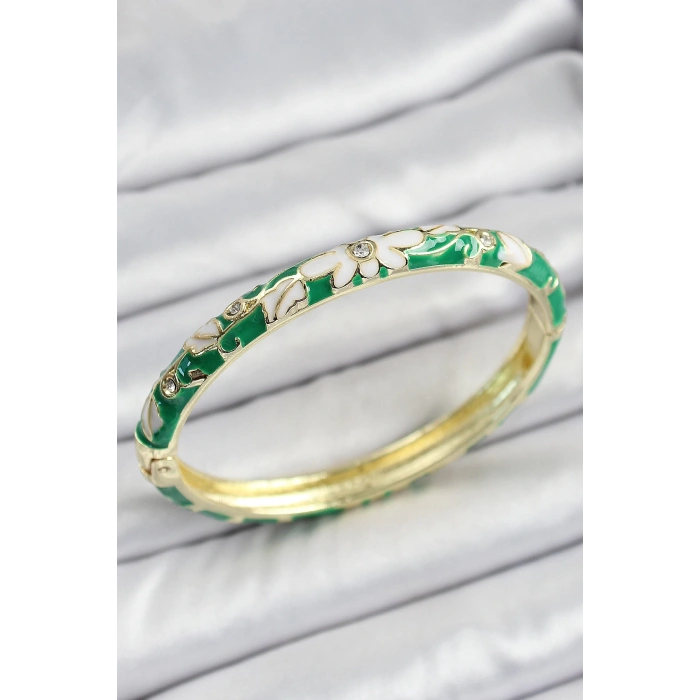 Mineli Pirinç Gold Renk Yeşil Çiçek Desen Motifli Kadın Kelepçe