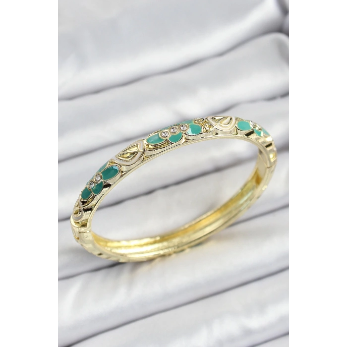 Mineli Pirinç Gold Renk Yeşil Çiçek Desenli Kadın Kelepçe