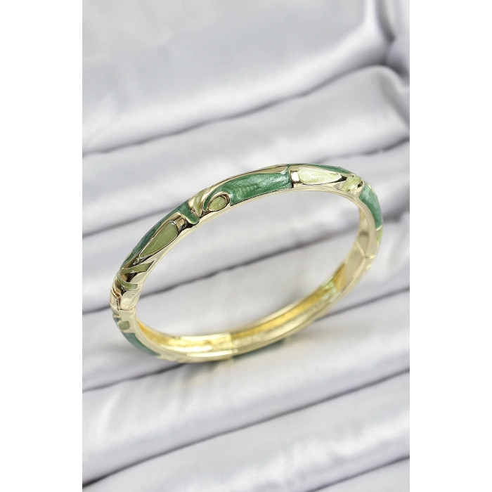 Mineli Pirinç Gold Renk Yeşil Çiçek Motifli Kadın Kelepçe