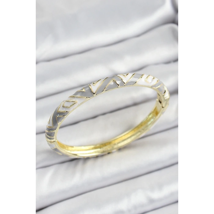 Mineli Pirinç Gri Beyaz Geometrik Desenli Kadın Kelepçe