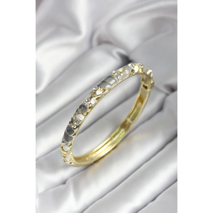 Mineli Pirinç Gri Çiçek Desenli Gold Renk Kadın Kelepçe