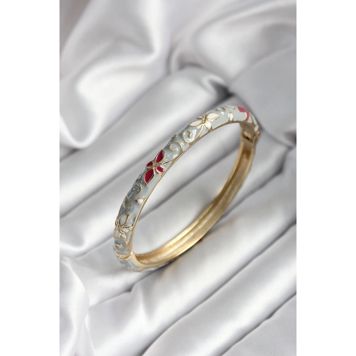 Mineli Pirinç Gri Çiçek Desenli Gold Renk Kadın Kelepçe