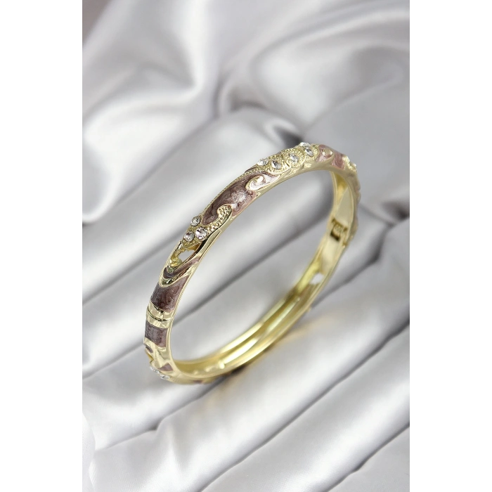 Mineli Pirinç Kahverengi Çiçek Desenli Zirkon Taşlı Gold Renk Kadın Kelepçe