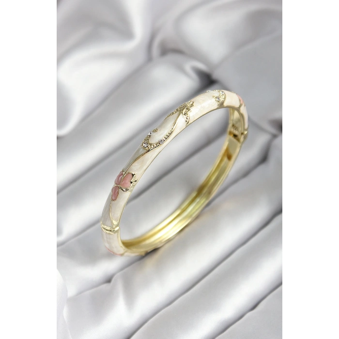 Mineli Pirinç Kırık Beyaz Çiçek Desenli Zirkon Taşlı Gold Renk Kadın Kelepçe