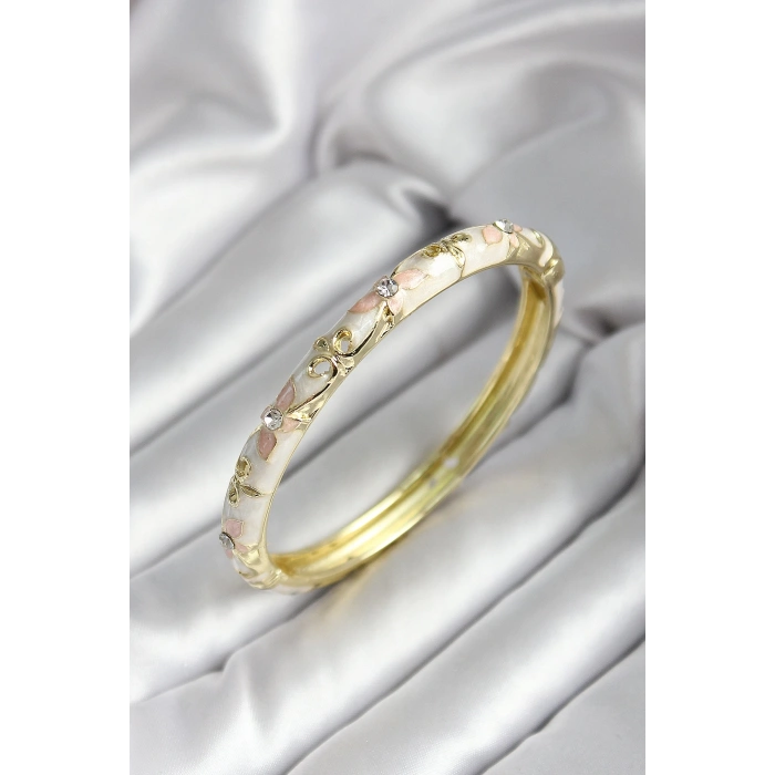 Mineli Pirinç Kırık Beyaz Çiçek Desenli Zirkon Taşlı Gold Renk Kadın Kelepçe