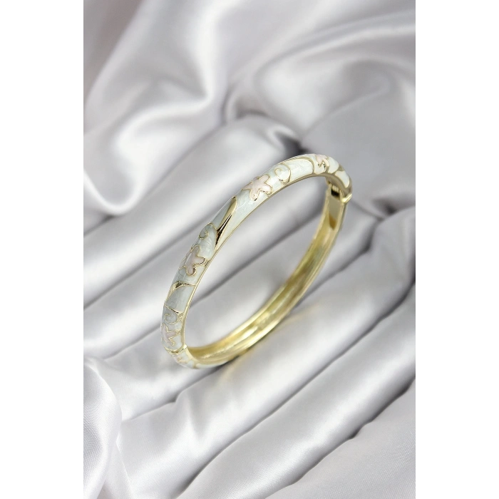 Mineli Pirinç Kırık Beyaz Çiçek Desenli Zirkon Taşlı Gold Renk Kadın Kelepçe (çap 60 mm)