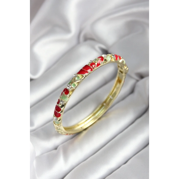 Mineli Pirinç Kırmızı Çiçek Desenli Gold Renk Kadın Kelepçe