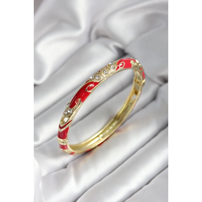 Mineli Pirinç Kırmızı Çiçek Desenli Zirkon Taşlı Gold Renk Kadın Kelepçe