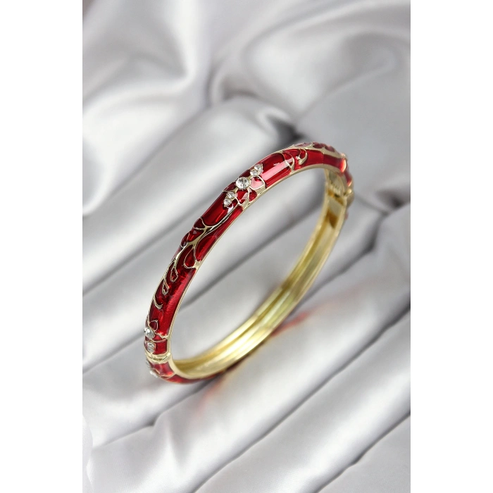 Mineli Pirinç Kırmızı Çiçek Desenli Zirkon Taşlı Gold Renk Kadın Kelepçe