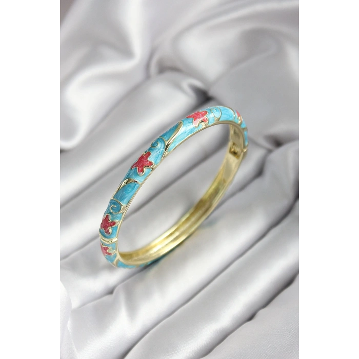 Mineli Pirinç Mavi Çiçek Desenli Gold Renk Kadın Kelepçe (çap 60 mm)