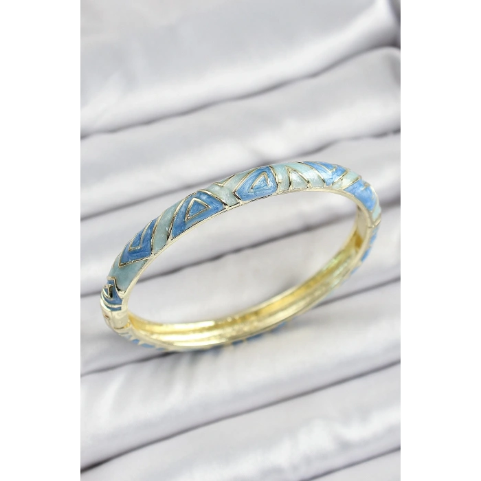 Mineli Pirinç Mavi Geometrik Desenli Kadın Kelepçe