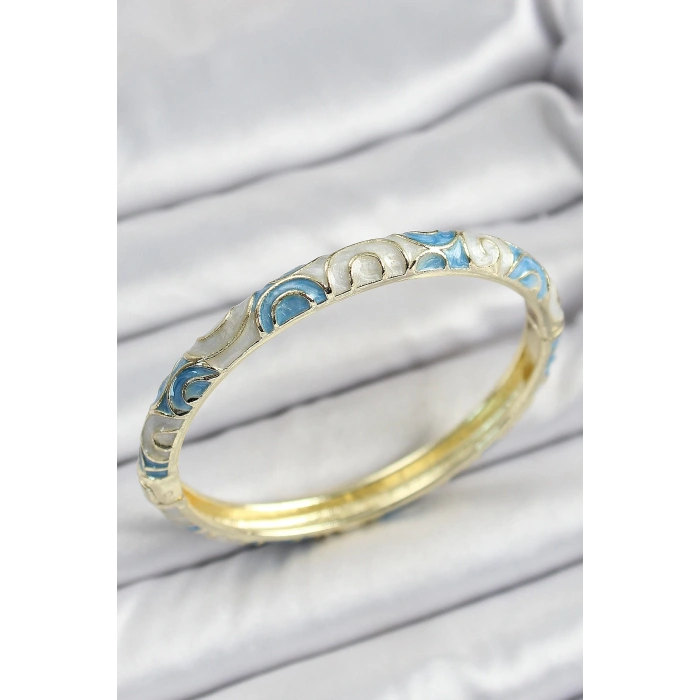 Mineli Pirinç Mavi Geometrik Desenli Kadın Kelepçe