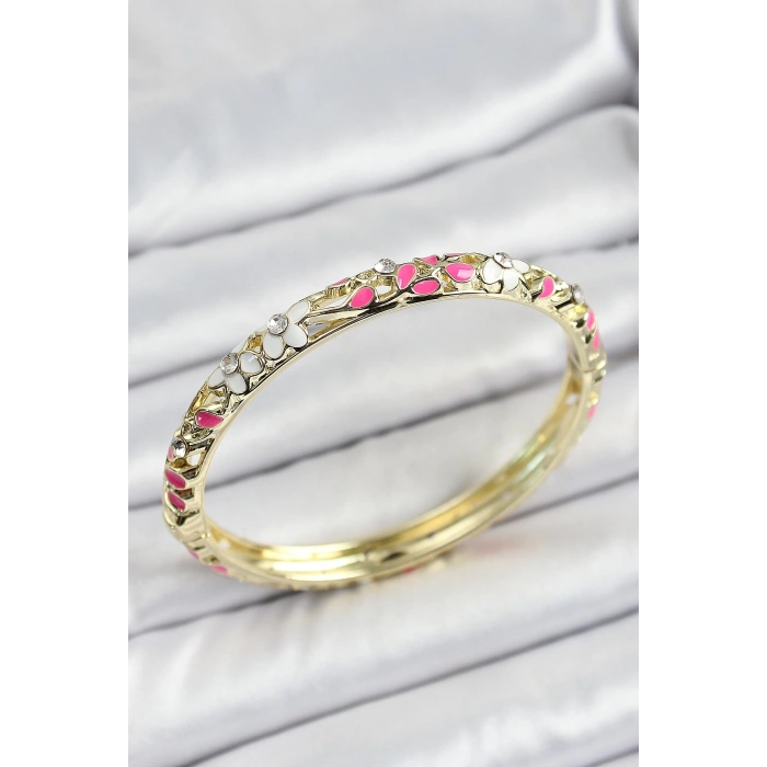 Mineli Pirinç Pembe Beyaz Çiçek Motifli Kadın Kelepçe