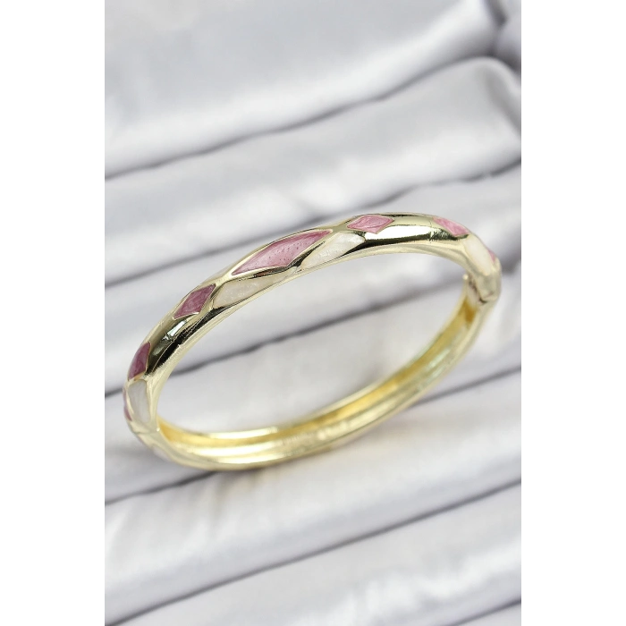 Mineli Pirinç Pembe Beyaz Geometrik Motifli Kadın Kelepçe