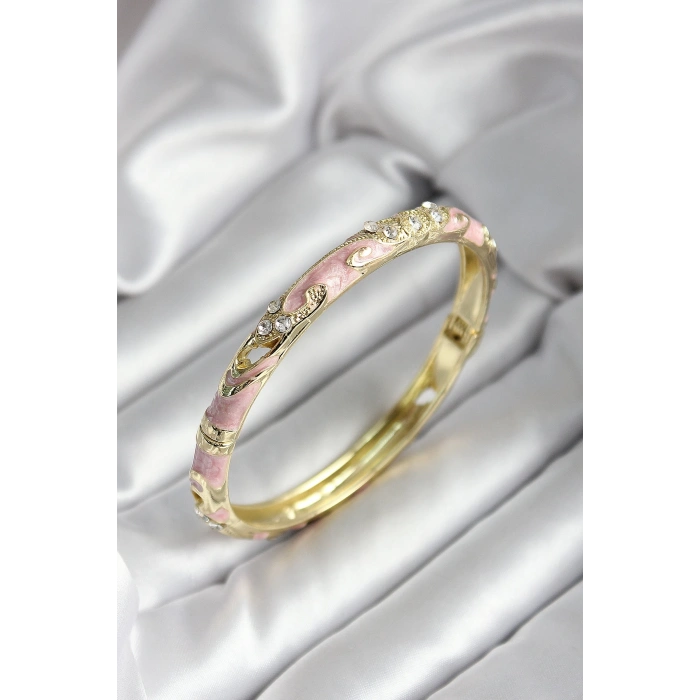 Mineli Pirinç Pembe Çiçek Desenli Gold Renk Kadın Kelepçe