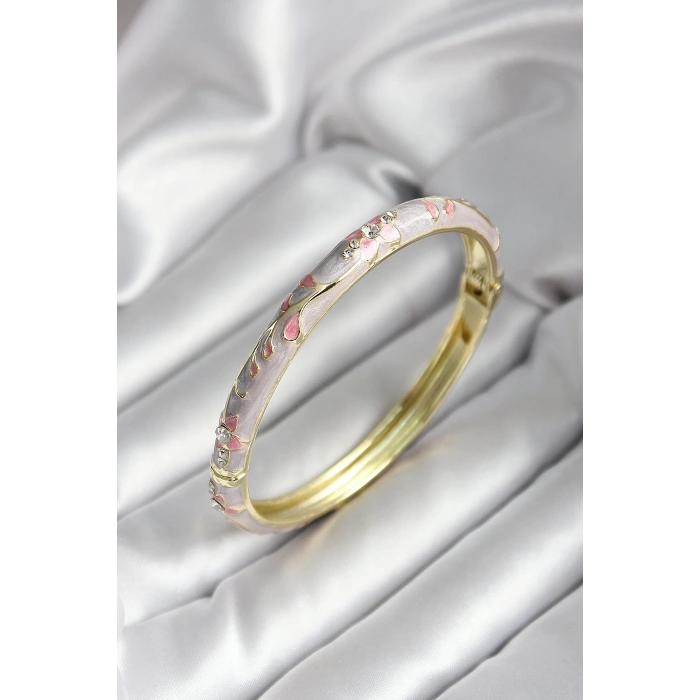 Mineli Pirinç Pembe Çiçek Desenli Gold Renk Kadın Kelepçe