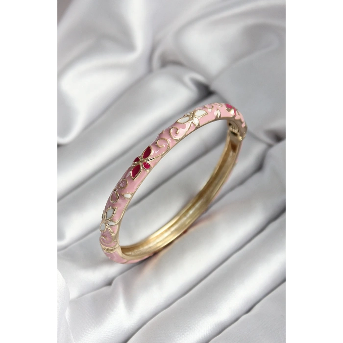Mineli Pirinç Pembe Çiçek Desenli Gold Renk Kadın Kelepçe