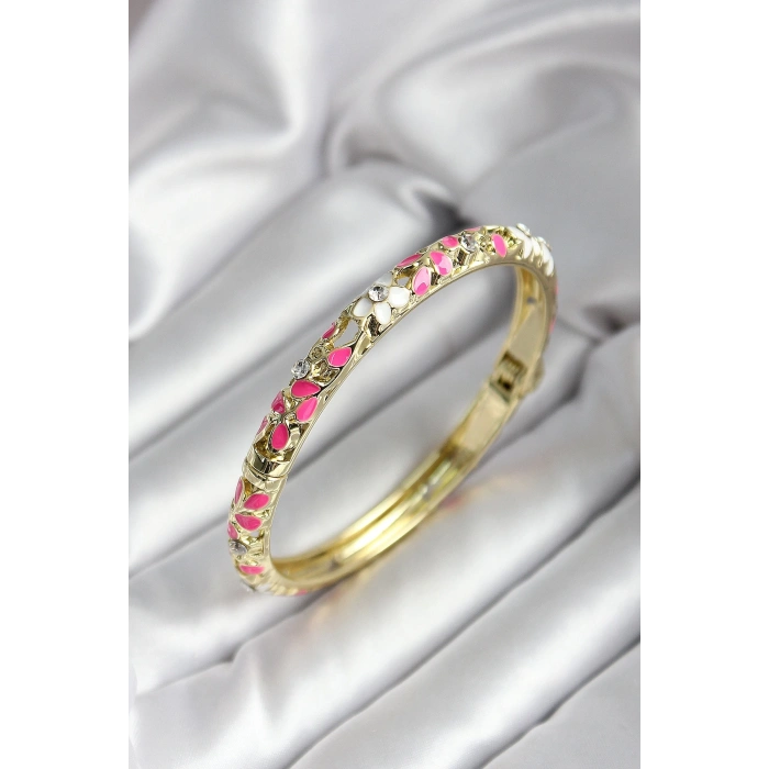 Mineli Pirinç Pembe Çiçek Desenli Gold Renk Kadın Kelepçe