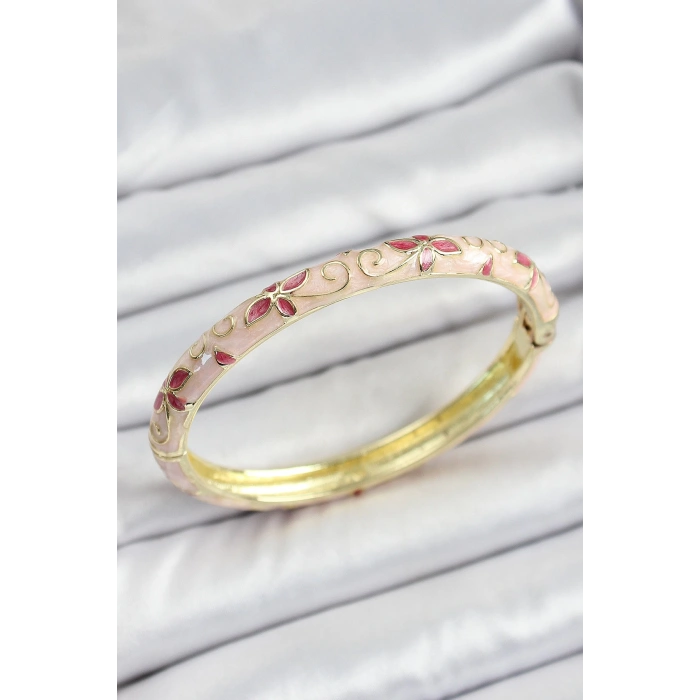 Mineli Pirinç Pembe Çiçek Desenli Kadın Kelepçe