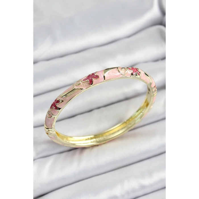 Mineli Pirinç Pembe Çiçek Desenli Kadın Kelepçe