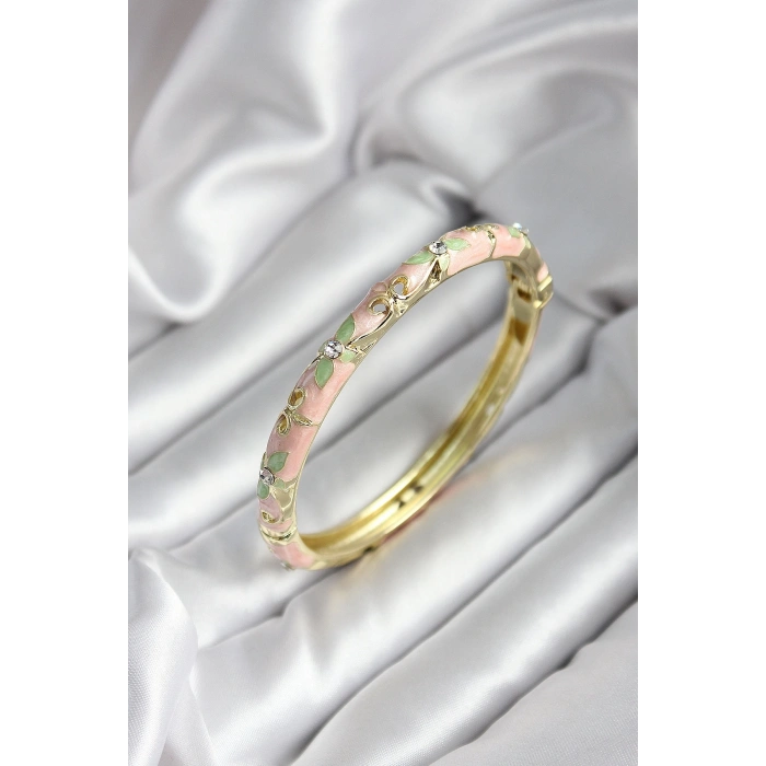 Mineli Pirinç Pembe Çiçek Desenli Zirkon Taşlı Gold Renk Kadın Kelepçe
