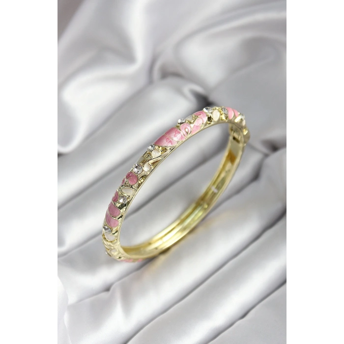Mineli Pirinç Pembe Çiçek Desenli Zirkon Taşlı Gold Renk Kadın Kelepçe