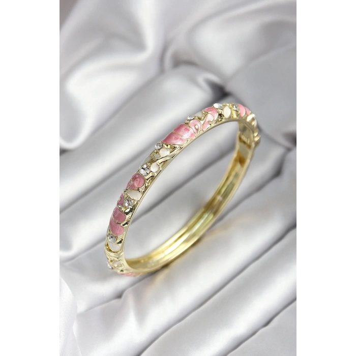 Mineli Pirinç Pembe Çiçek Desenli Zirkon Taşlı Gold Renk Kadın Kelepçe