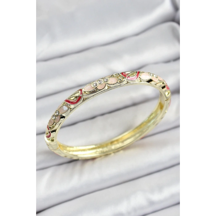 Mineli Pirinç Pembe Çiçek Motifli Kadın Kelepçe