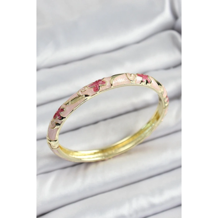 Mineli Pirinç Pembe Çiçek Motifli Kadın Kelepçe