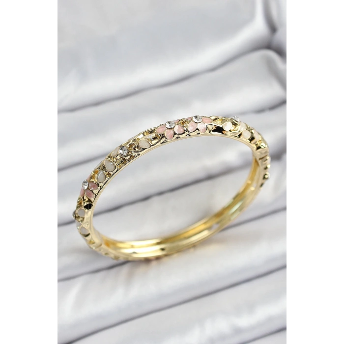 Mineli Pirinç Pembe Krem Çiçek Motifli Kadın Kelepçe