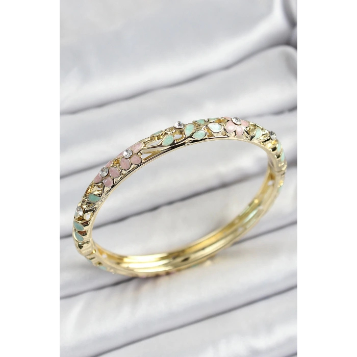 Mineli Pirinç Pembe Yeşil Çiçek Desenli Zirkon Taşlı Kadın Kelepçe