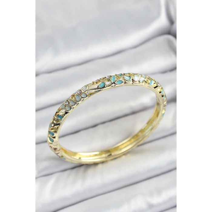 Mineli Pirinç Su Yeşili Çiçek Desen Motifli Kadın Kelepçe