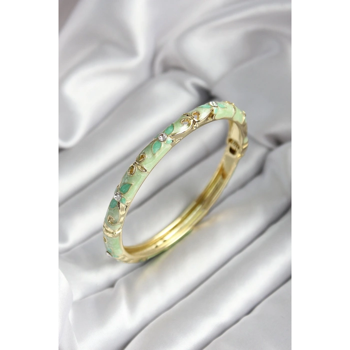 Mineli Pirinç Su Yeşili Çiçek Desenli Zirkon Taşlı Gold Renk Kadın Kelepçe