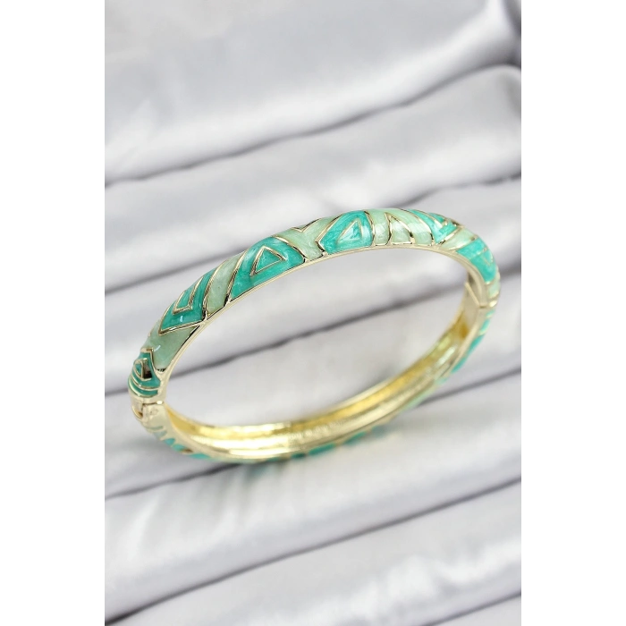 Mineli Pirinç Su Yeşili Geometrik Desenli Kadın Kelepçe