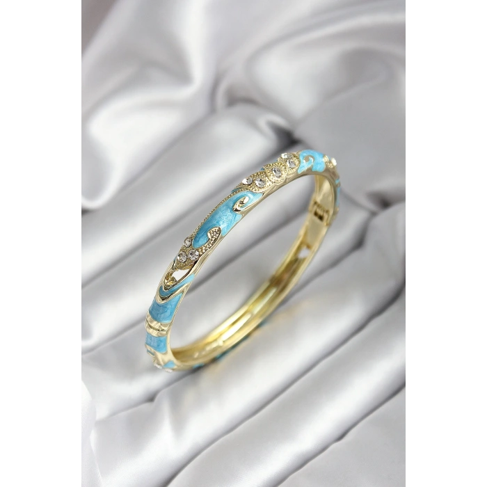 Mineli Pirinç Turkuaz Çiçek Desenli Zirkon Taşlı Gold Renk Kadın Kelepçe