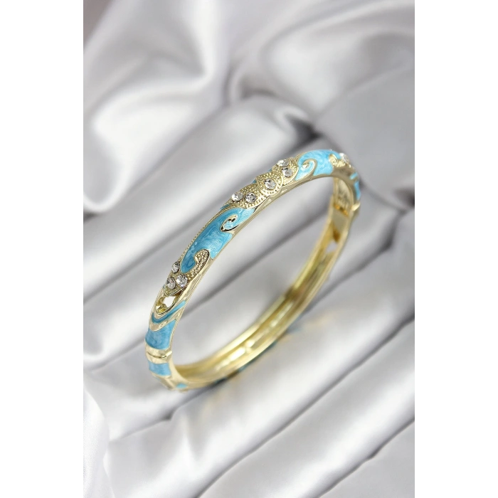 Mineli Pirinç Turkuaz Çiçek Desenli Zirkon Taşlı Gold Renk Kadın Kelepçe
