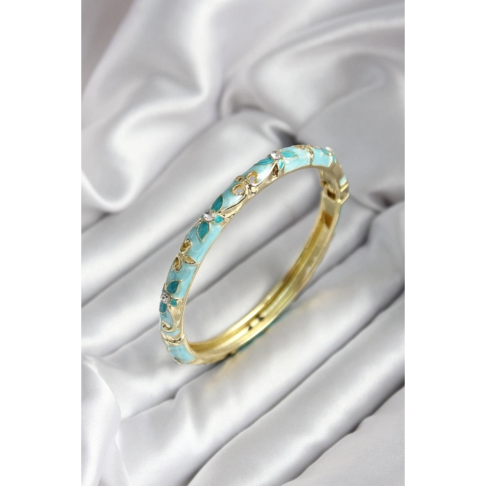Mineli Pirinç Turkuaz Çiçek Desenli Zirkon Taşlı Gold Renk Kadın Kelepçe (çap 60 mm)