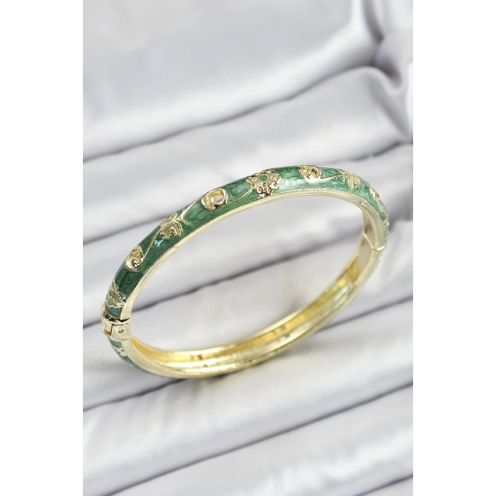 Mineli Pirinç Yaldızlı Yeşil Motif Desenli Kadın Kelepçe