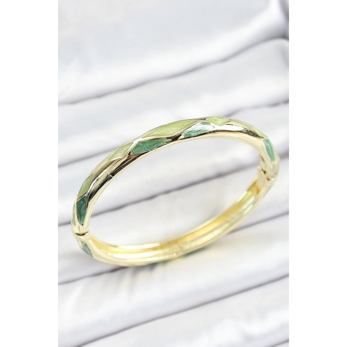 Mineli Pirinç Yeşil Baklava Desenli Gold Renk Kadın Kelepçe