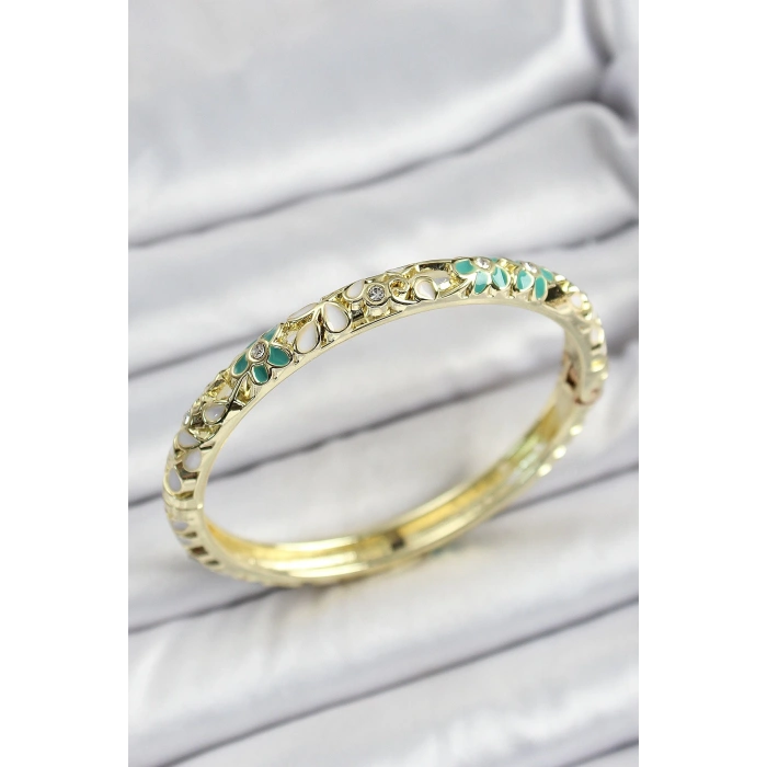 Mineli Pirinç Yeşil Çiçek Desen Motifli Kadın Kelepçe