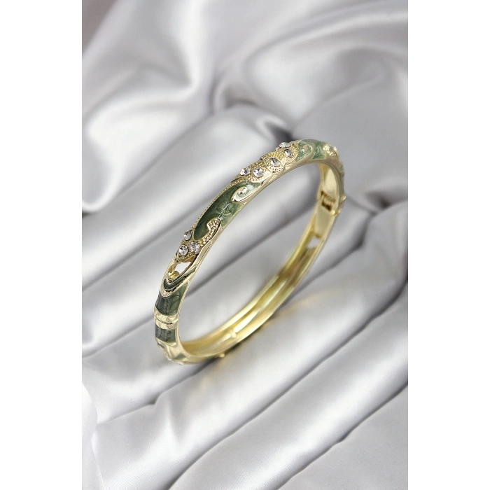 Mineli Pirinç Yeşil Çiçek Desenli Gold Renk Kadın Kelepçe