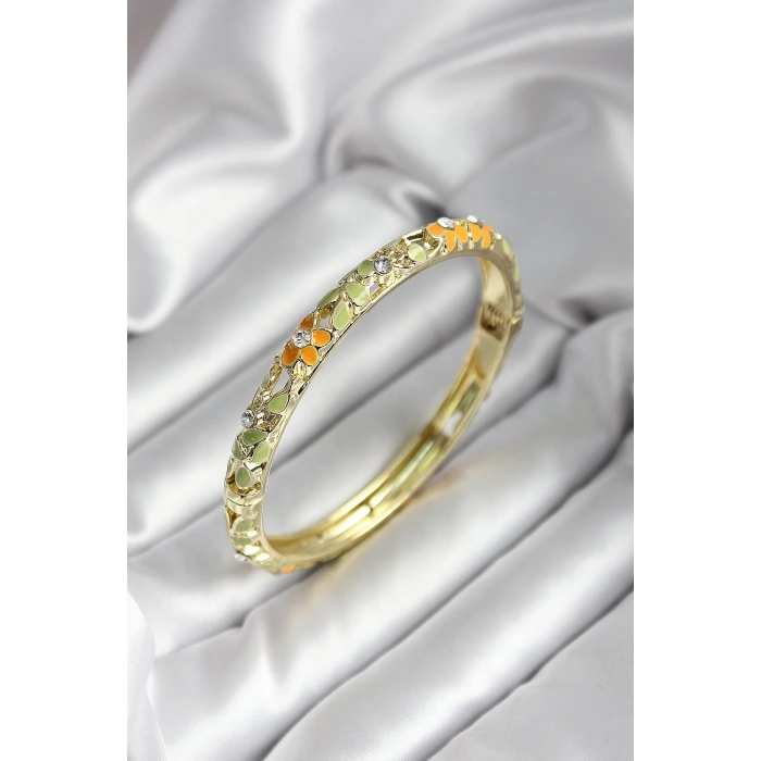 Mineli Pirinç Yeşil Çiçek Desenli Zirkon Taşlı Gold Renk Kadın Kelepçe